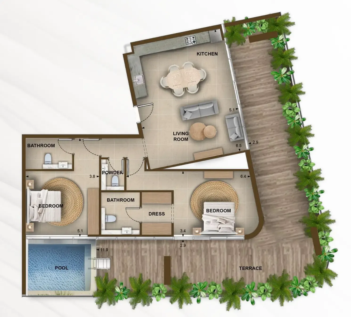 105 Residences by Kamdar 2 bed floor plan, 1,859 sqft