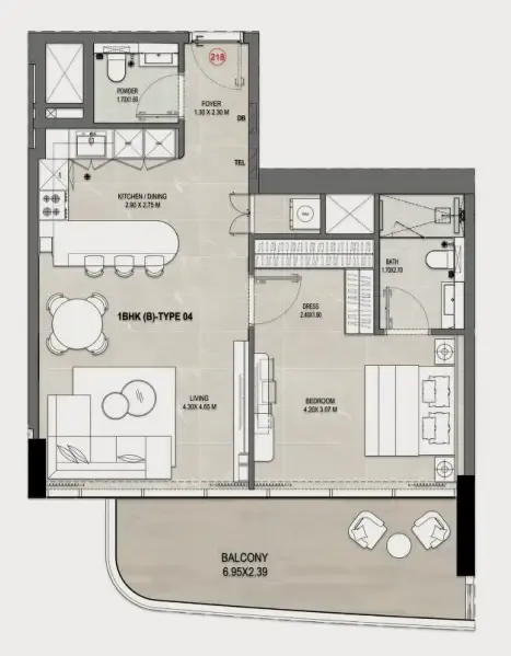 Rabdan Gates 1 bed floor plan, 869 – 929 sqft
