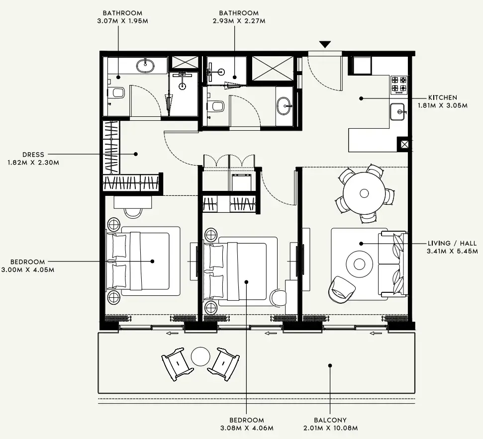 Azizi Venice 2 bed floor plan, 1,158 sqft