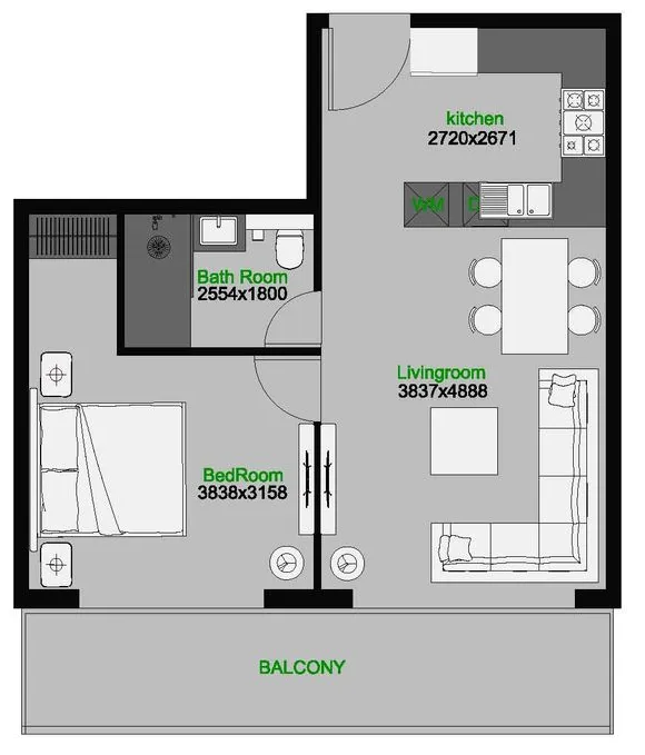The Central Downtown 1 bed floor plan, 719 sqft