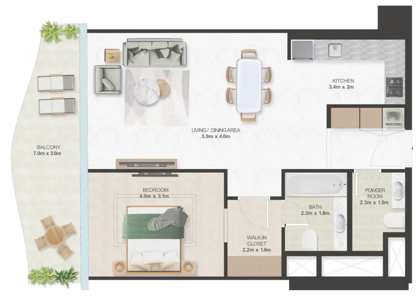 Oystra 1 bed floor plan, 986 sqft