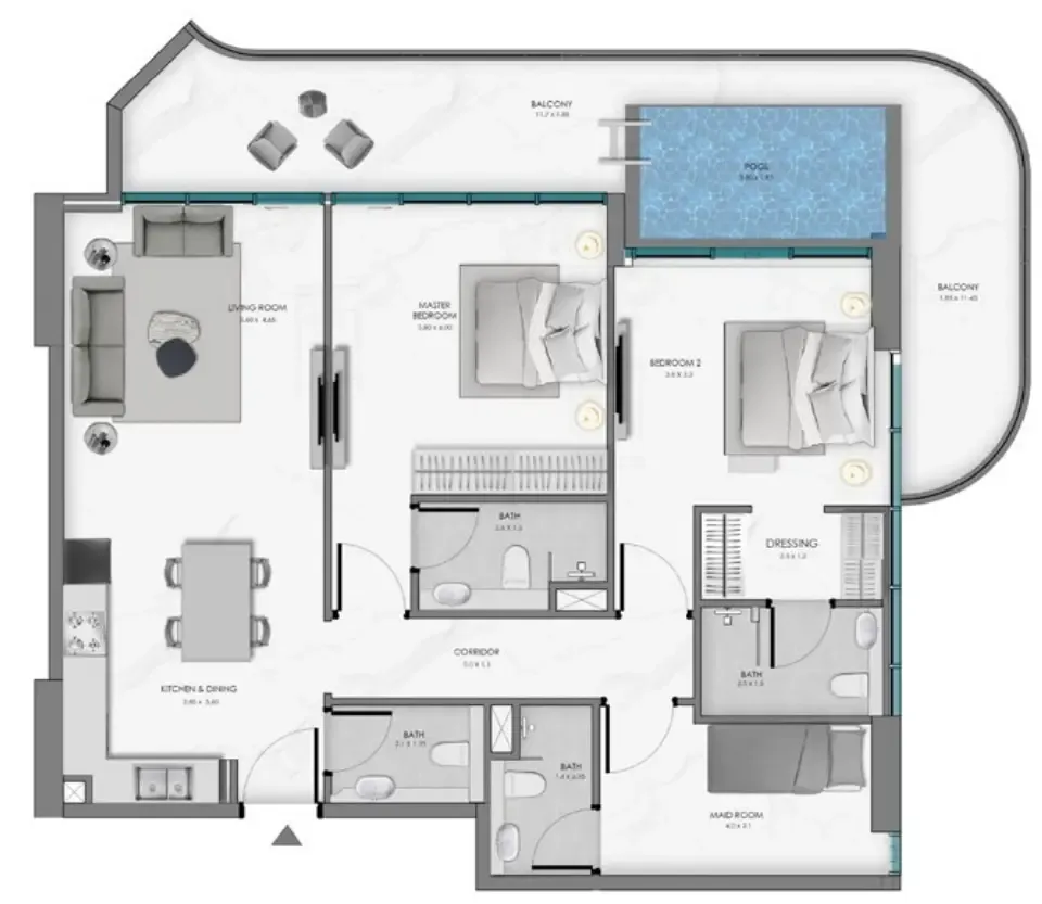 Samana Ocean Bay 2 bed floor plan, 1,433 – 1,435 sqft