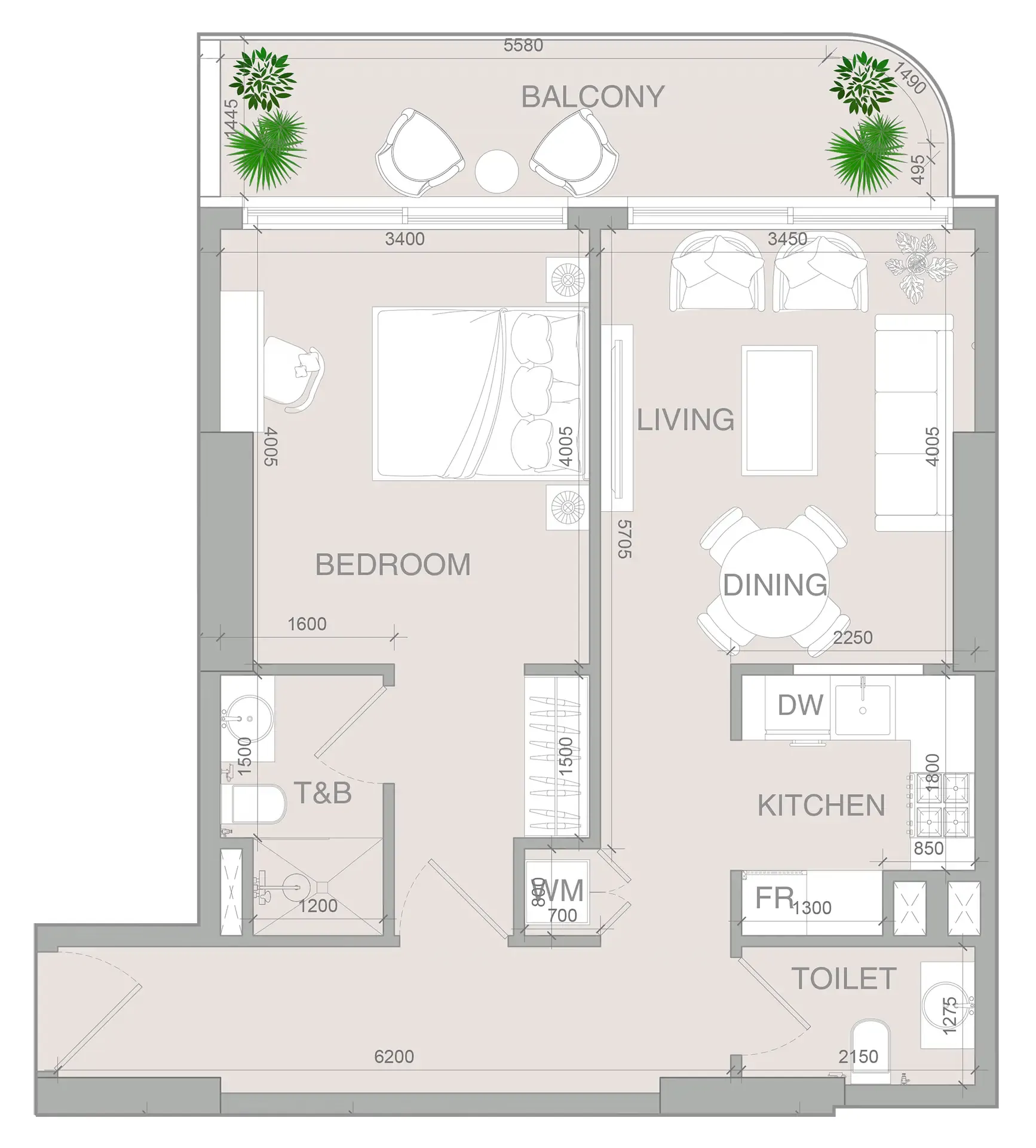 VERDAN1A 4 1 bed floor plan, 768 sqft
