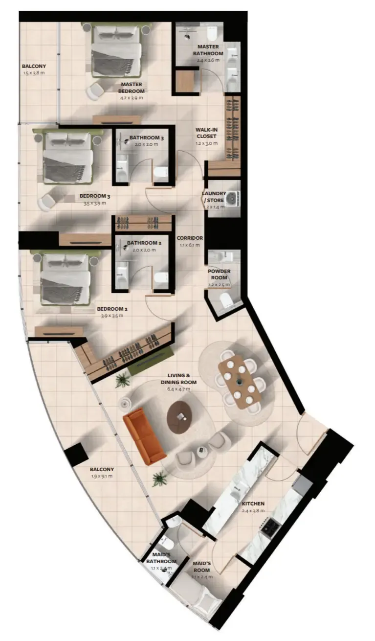 Waada Dubai South 3 bed floor plan, 1,924 sqft