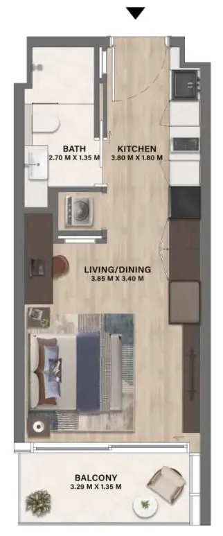 Mövenpick Residences Dubai Motor City Phase 1 Studio floor plan, 357 sqft