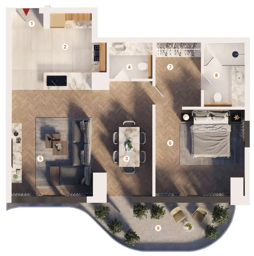 The Orchard Place Towers D & E 1 bed floor plan, 839 sqft