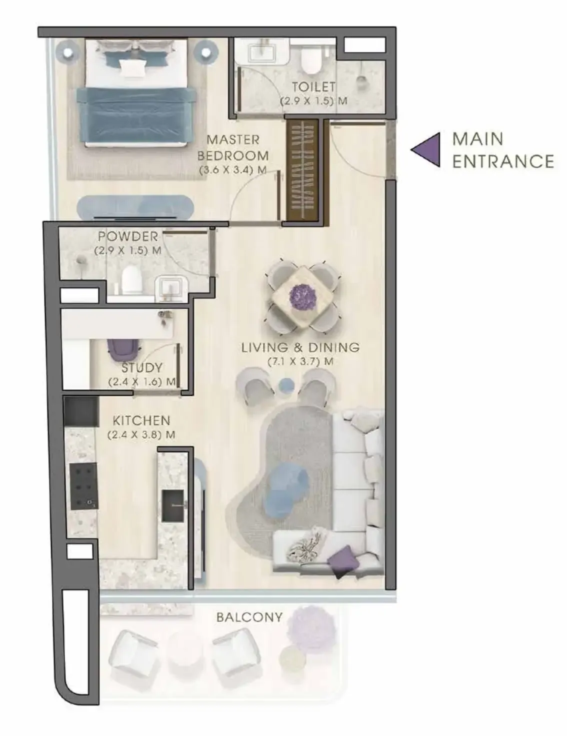 Kaia Residences 1 bed floor plan, 853 – 859 sqft