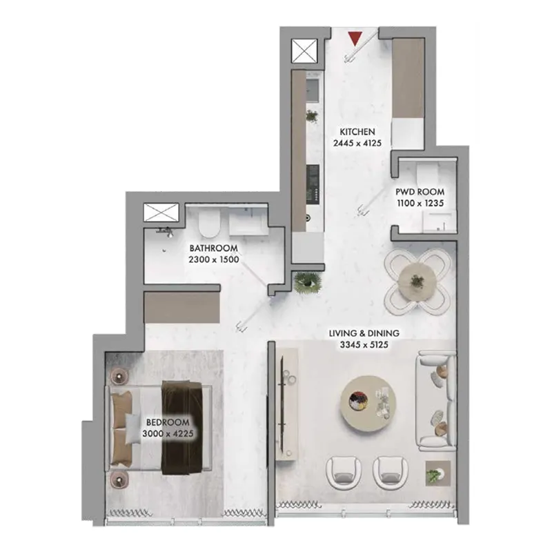 Elmora 1 bed floor plan, 478 sqft