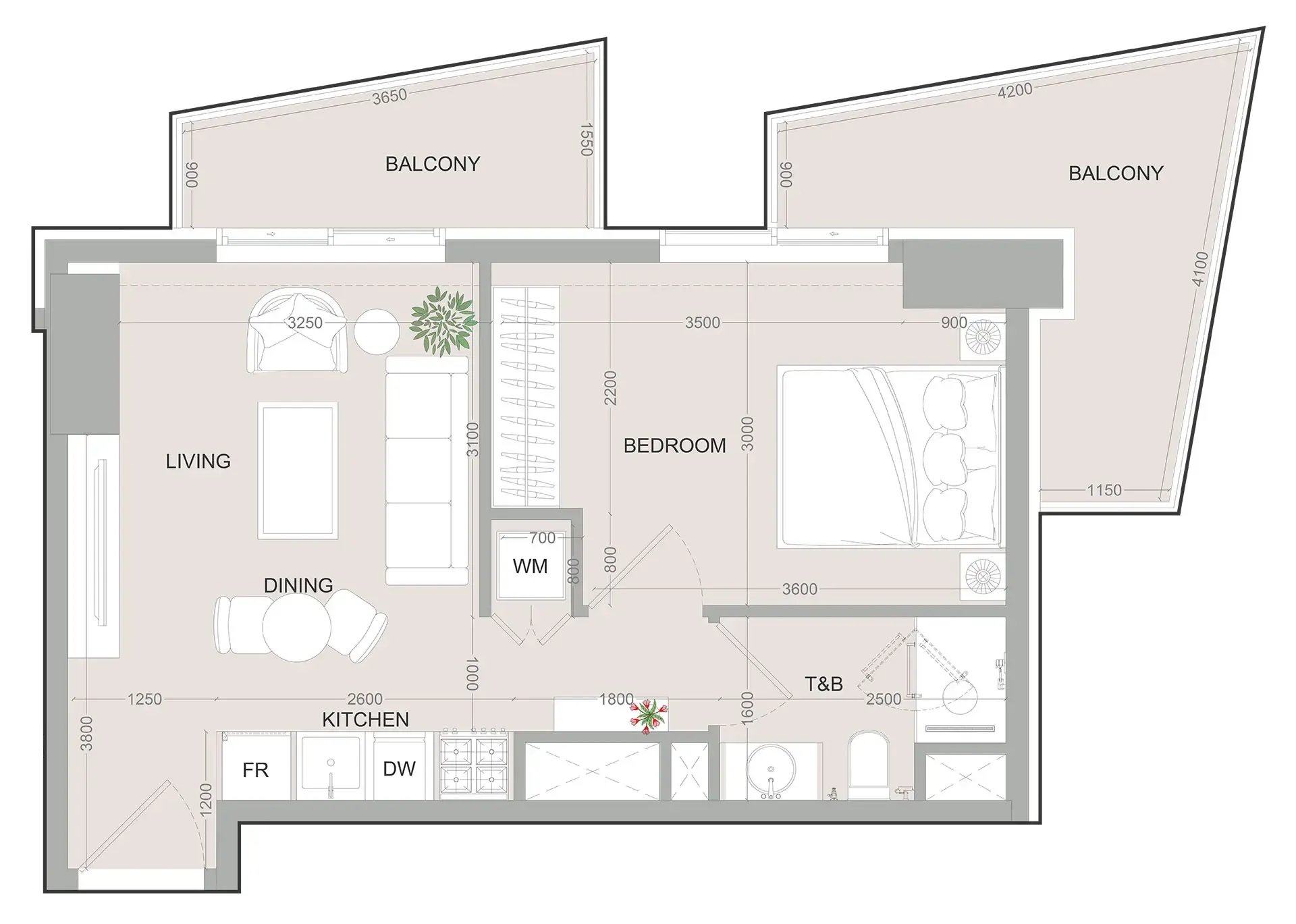 SKY LEVEL 1 1 bed floor plan, 594 – 596 sqft