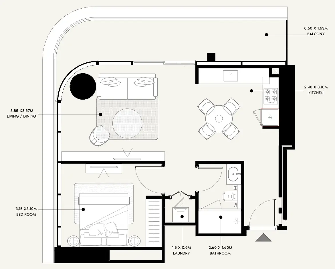 Azizi Milan 1 bed floor plan, 744 sqft