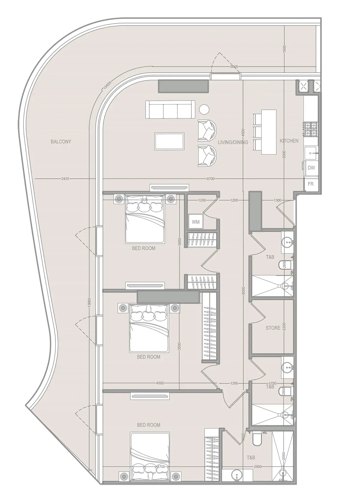 A1LA Residence 3 bed floor plan, 2,051 sqft