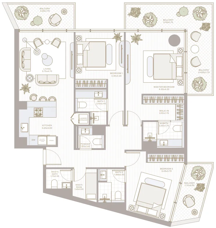Park Five 3 bed floor plan, 1,735 sqft