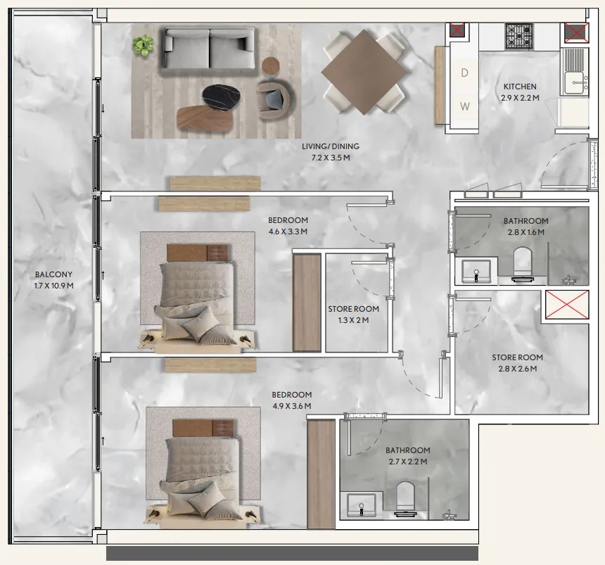 California Residences 2 bed floor plan, 1,361 sqft