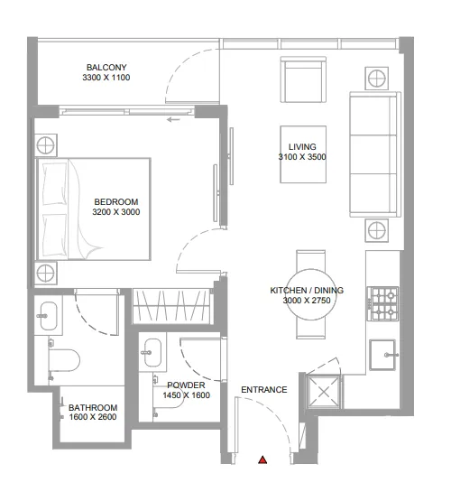 Pearlside Marina Residences 1 bed floor plan, 511 – 512 sqft