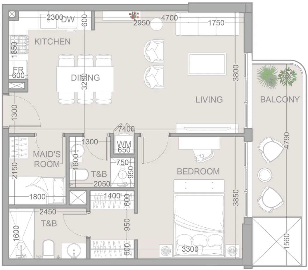 TETR1S Tower 1 bed floor plan, 767 sqft