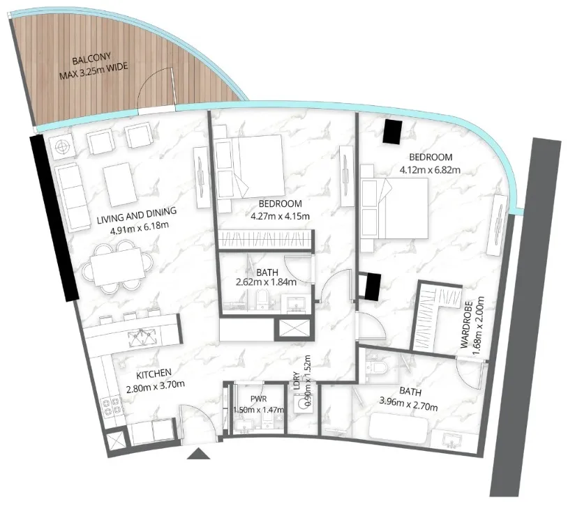Aqua Arc 2 bed floor plan, 1,496 sqft