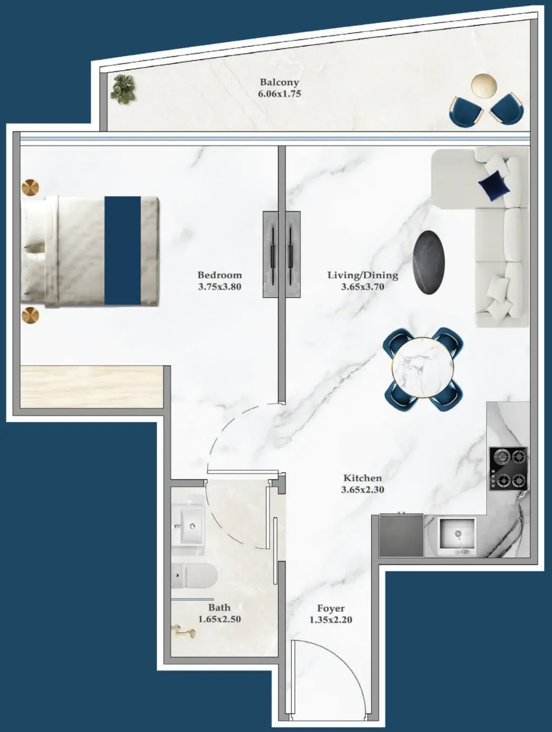 Serenz 1 bed floor plan, 572 sqft