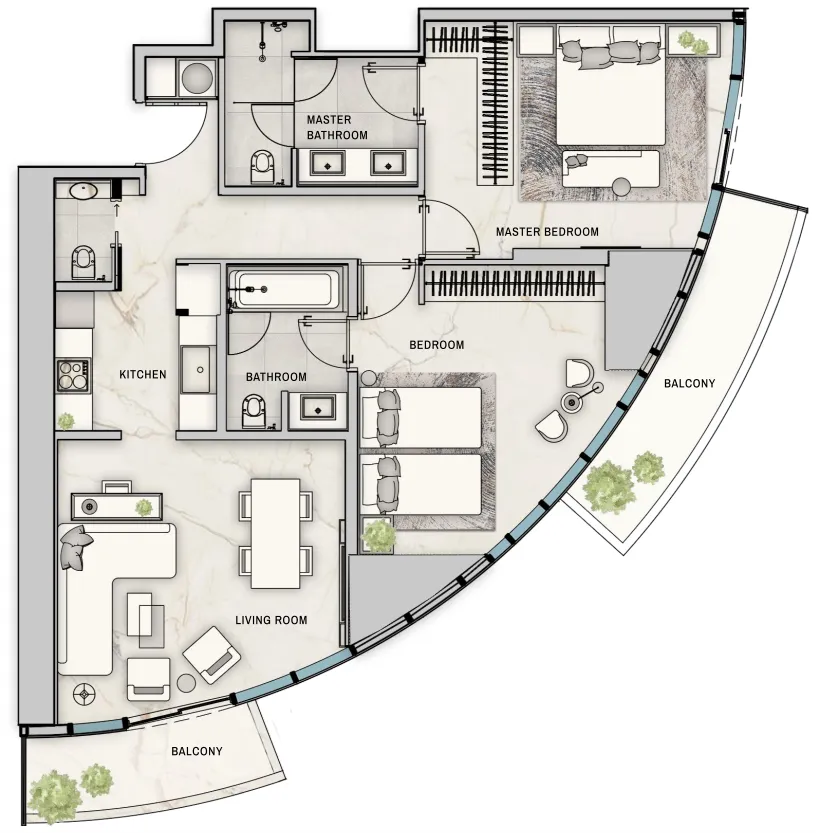 The Biltmore Residences Sufouh 2 bed floor plan, 1,252 sqft