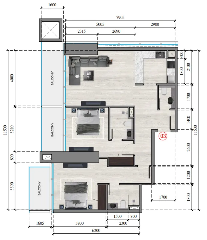 Auresta Tower 2 bed floor plan, 1,139 sqft