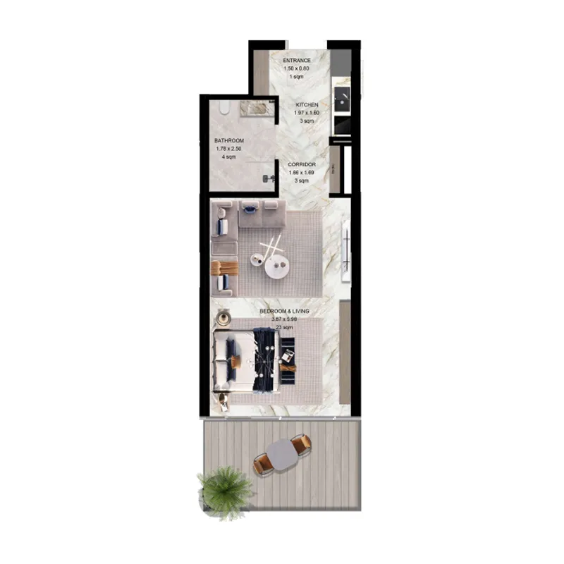 Jacob and Co Beachfront Living Studio floor plan, 549 – 850 sqft