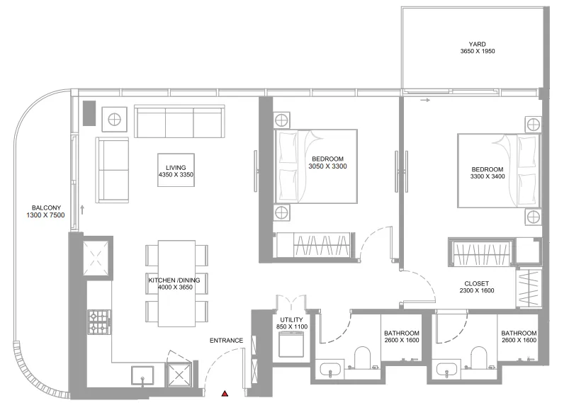 Bayfront Marina Residences 2 bed floor plan, 1,064 – 1,066 sqft