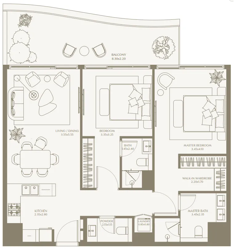 AYA Beachfront Residences 2 bed floor plan, 1,171 sqft