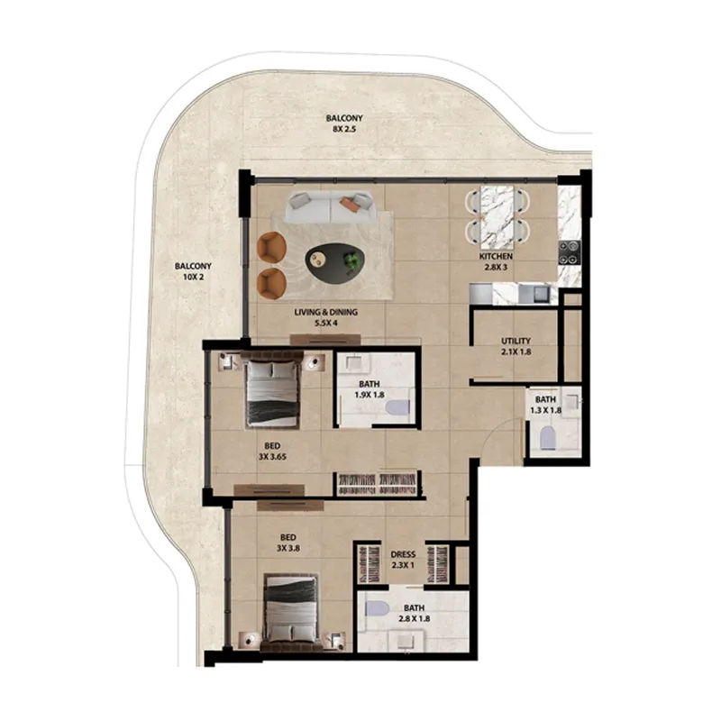 Marquis Horizon 2 bed floor plan, 1,425 – 1,431 sqft