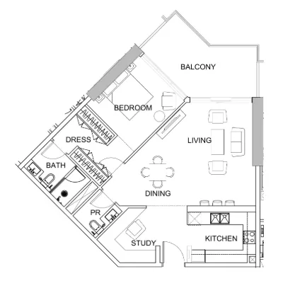 Golf Greens 1 bed floor plan, 978 sqft