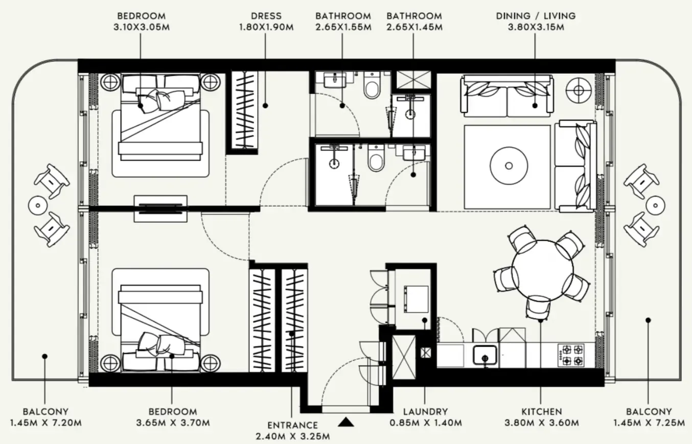 Azizi Raffi 2 bed floor plan, 1,160 sqft