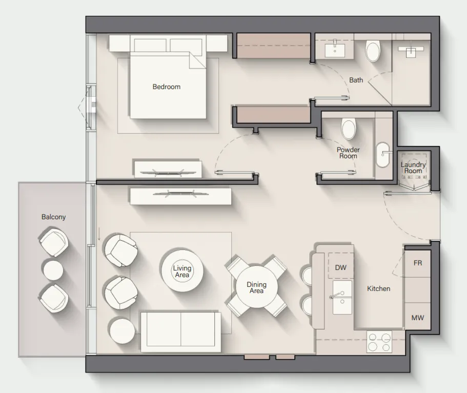 Costa Mare 1 bed floor plan, 841 sqft