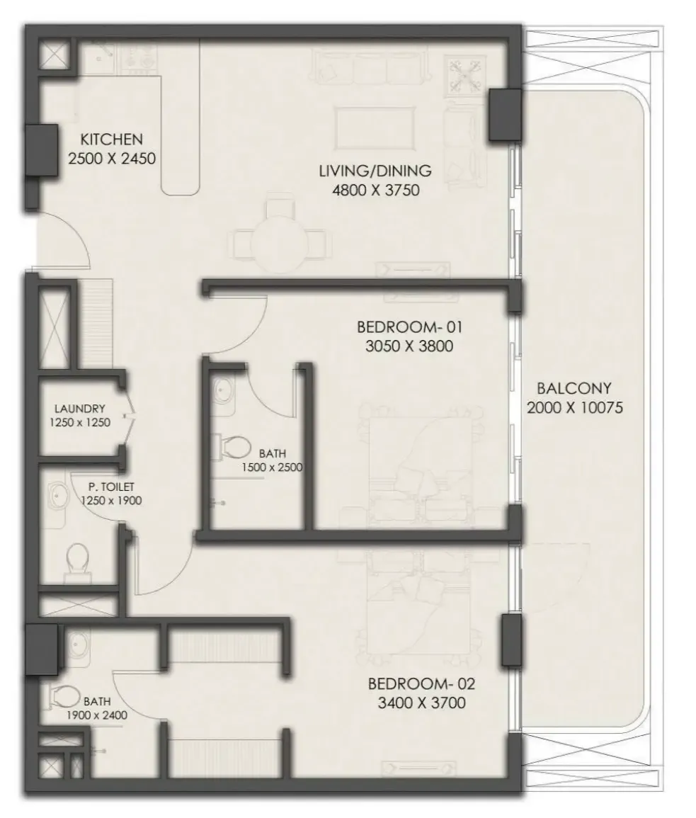 Park Residency 2 bed floor plan, 1,132 sqft