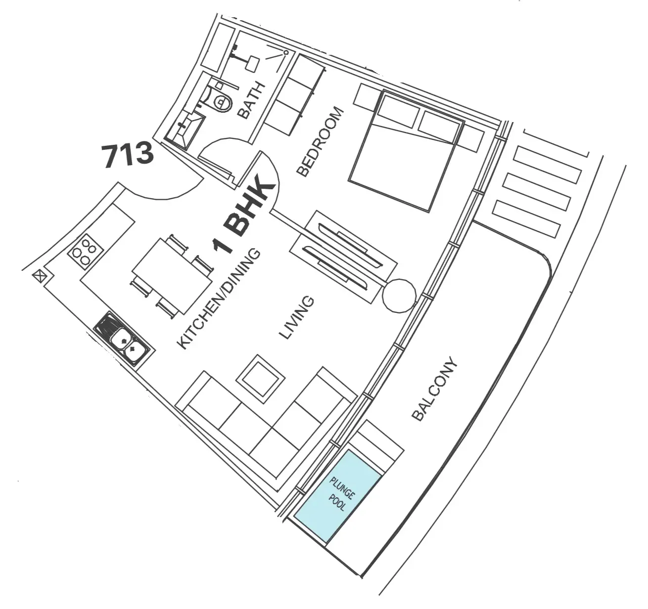 Villa Del Garda 1 bed floor plan, 728 sqft