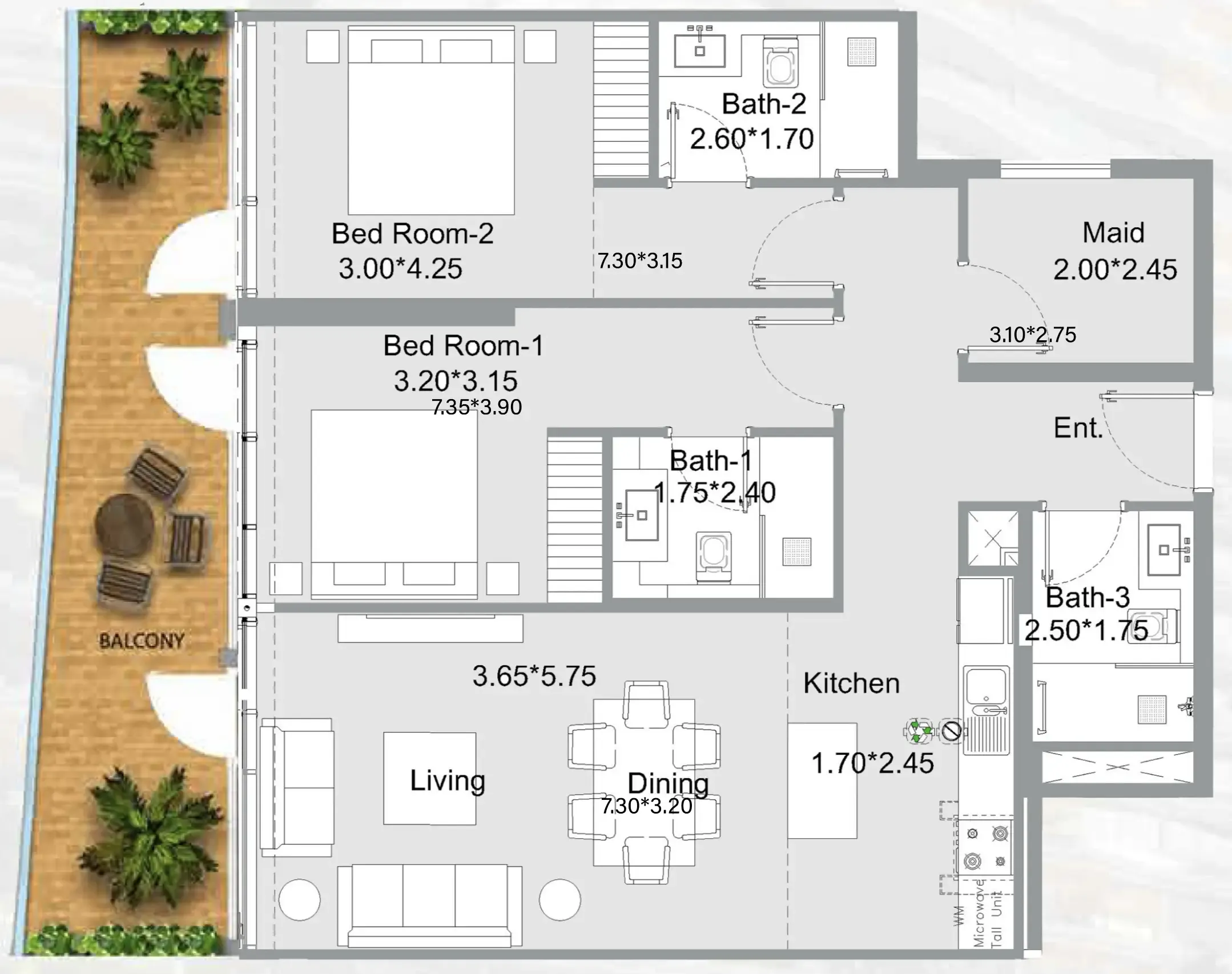 311 Boulevard 2 bed floor plan, 1,270 sqft
