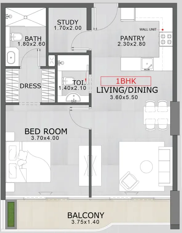 Floarea Skies 1 bed floor plan, 789 sqft