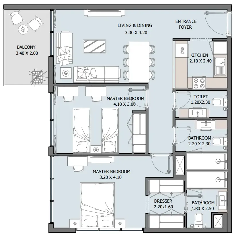 Oceana 2 bed floor plan, 1,019 sqft