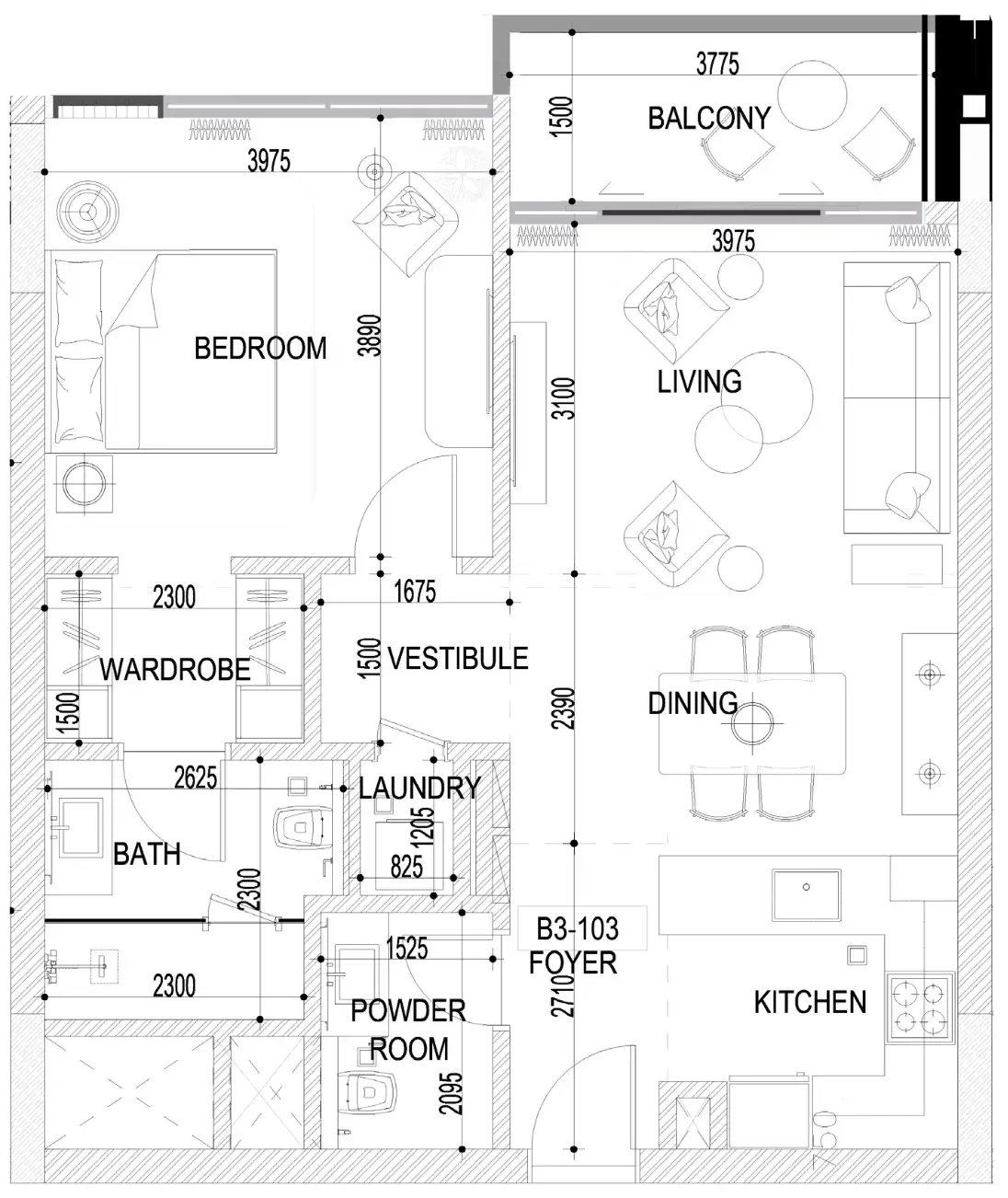 Naseem Al Jurf 1 bed floor plan, 807 sqft