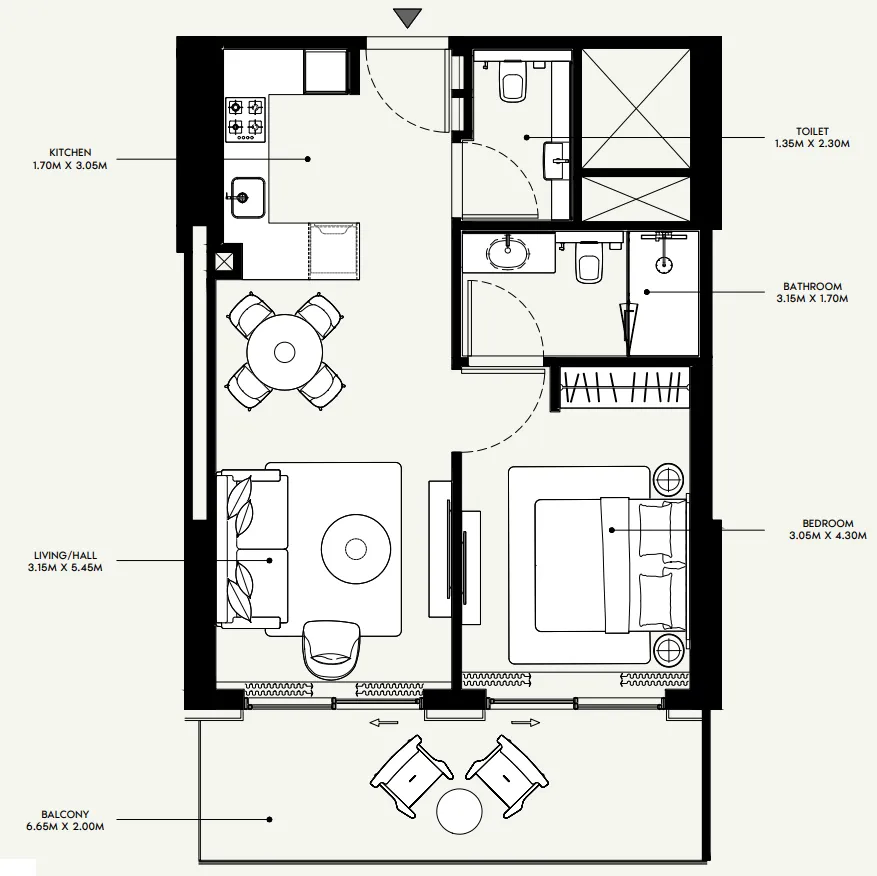 Azizi Venice 1 bed floor plan, 736 sqft