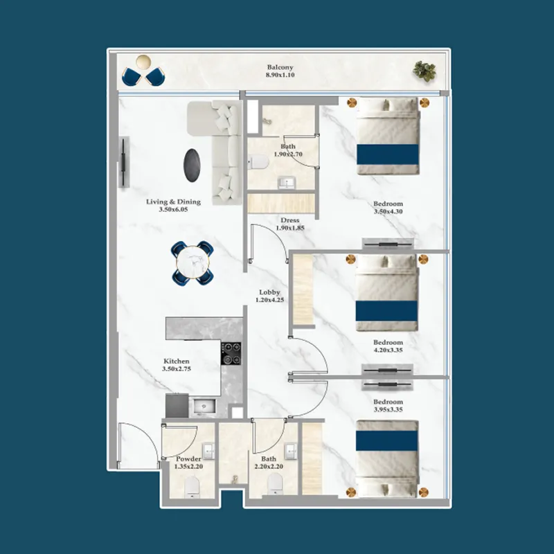 Sparklz 3 bed floor plan, 1,124 sqft