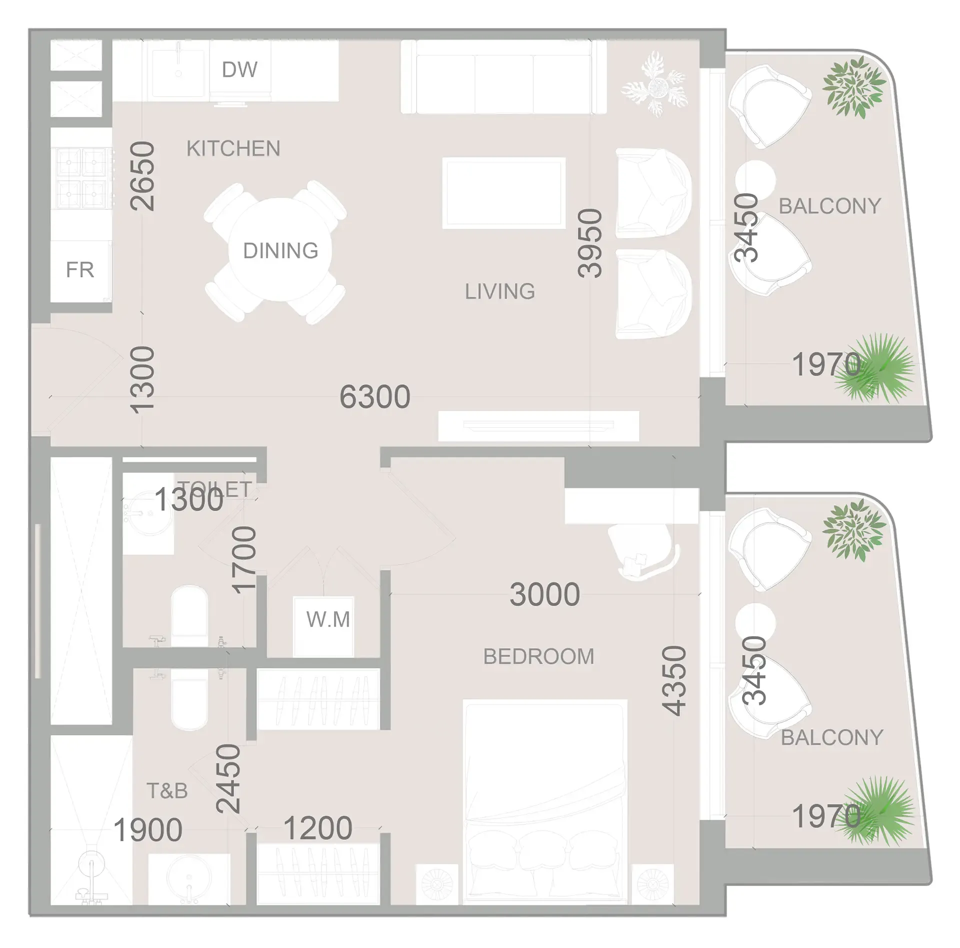 ELAR1S Sky 1 bed floor plan, 721 sqft
