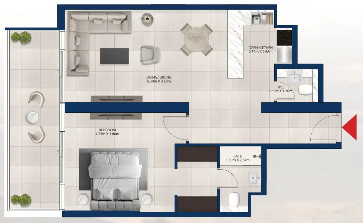 Al Vista 1 bed floor plan, 938 sqft