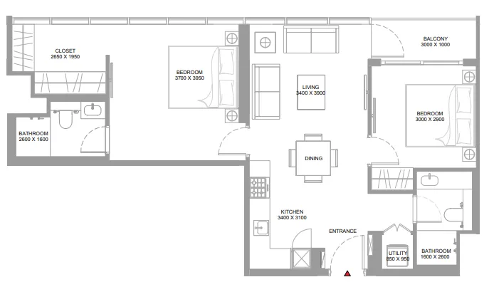 Yachtside Marina Residences 2 bed floor plan, 840 sqft