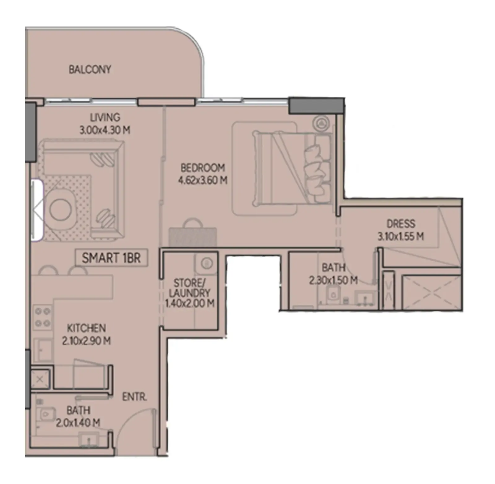 Weston by Wadan Phase 1 & 2 1 bed floor plan, 738 sqft