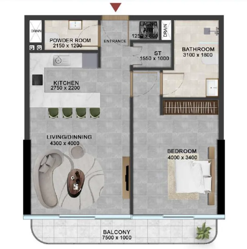 Vivanti Residences by Meteora 1 bed floor plan, 747 sqft