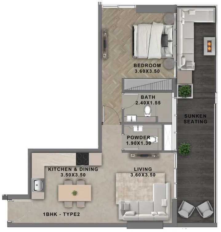 Reef 999 1 bed floor plan, 834 sqft