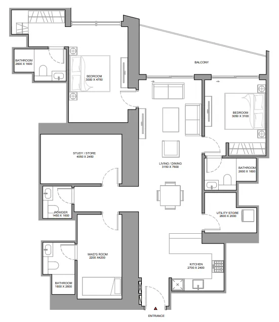 The Horizon at Sobha Central 2 bed floor plan, 1,552 sqft