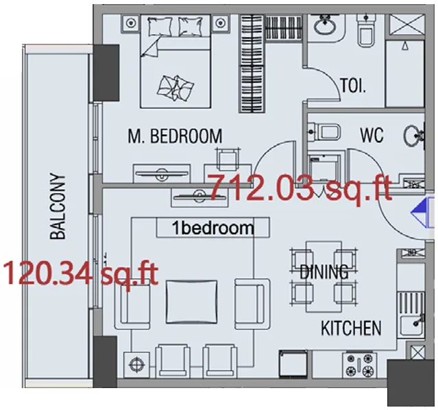 Forest City 1 bed floor plan, 712 sqft