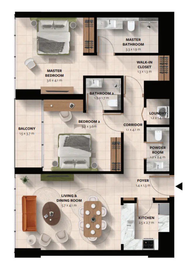 Waada Dubai South 2 bed floor plan, 1,131 – 1,143 sqft