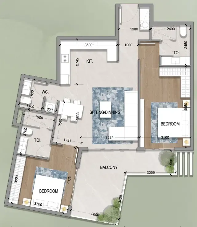 Oasis Residences 2 bed floor plan, 1,131 sqft