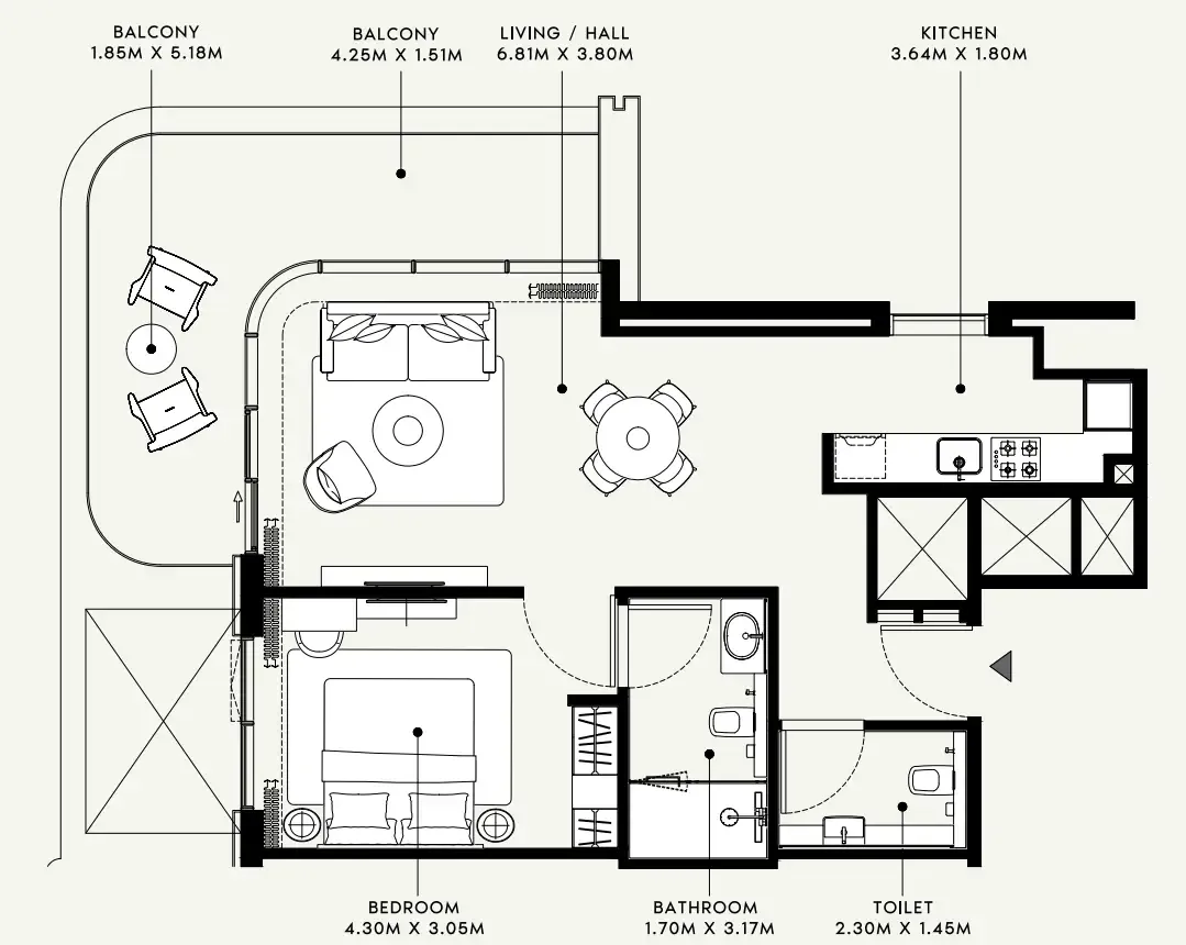 Azizi Venice 1 bed floor plan, 866 sqft