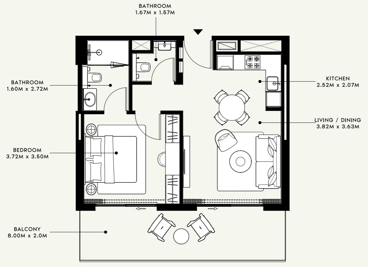 Azizi Venice 1 bed floor plan, 724 sqft